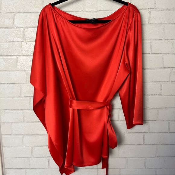 St. John Silk Blouse Tunic Size XL Red  Career Front Tie - Picture 2 of 13